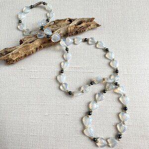 Moonstone Glass Heart Bead Necklace W/ Silver & Black Accents 23" Long